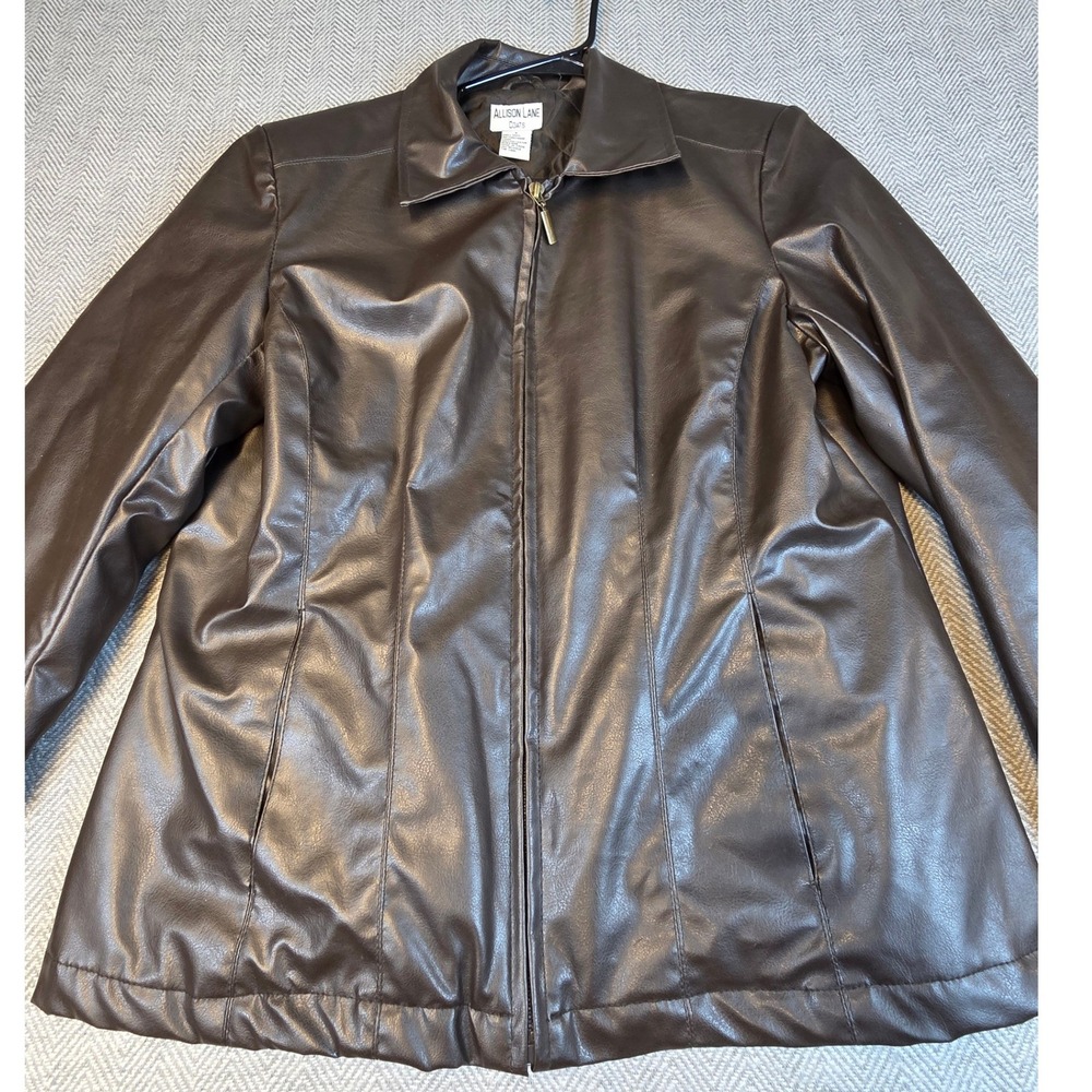 Allison Lane Coats Brown Faux Leather Full Zip Jacket Quilted Lining Size L